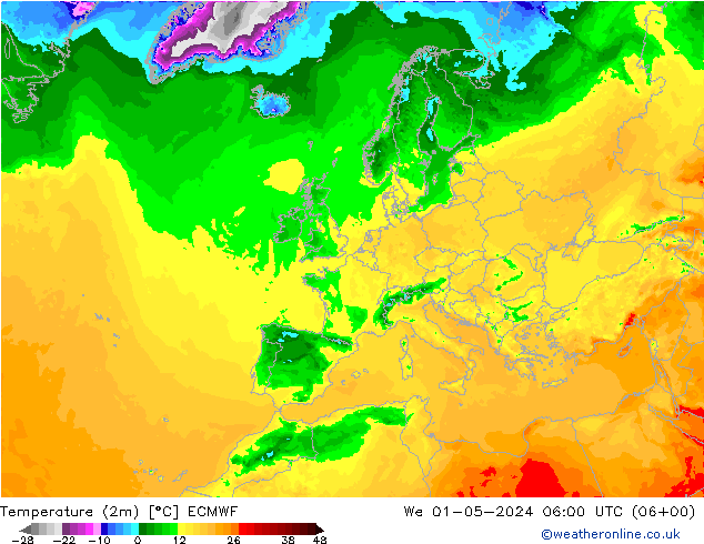 mapa temperatury (2m) ECMWF śro. 01.05.2024 06 UTC