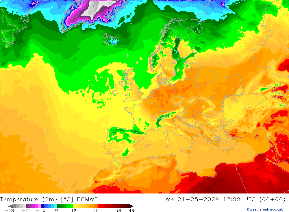 Temperatura (2m) ECMWF mer 01.05.2024 12 UTC