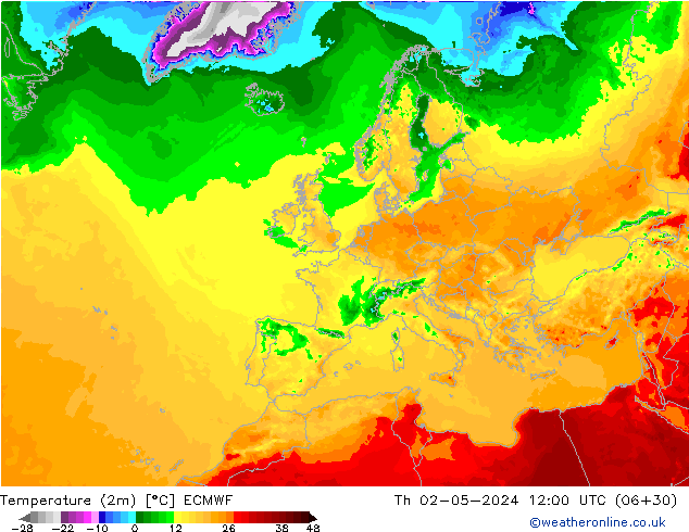 Temperature (2m) ECMWF Th 02.05.2024 12 UTC