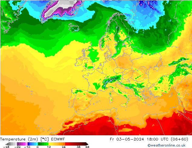 Temperatura (2m) ECMWF ven 03.05.2024 18 UTC