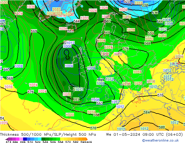 Schichtdicke 500-1000 hPa ECMWF Mi 01.05.2024 09 UTC