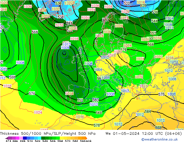 Schichtdicke 500-1000 hPa ECMWF Mi 01.05.2024 12 UTC