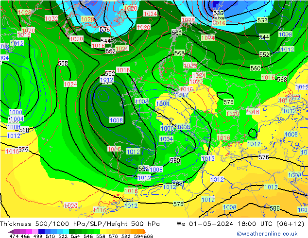 Schichtdicke 500-1000 hPa ECMWF Mi 01.05.2024 18 UTC