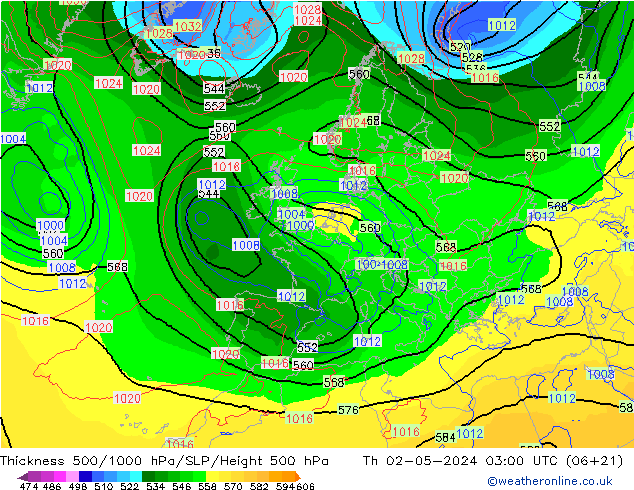 Espesor 500-1000 hPa ECMWF jue 02.05.2024 03 UTC