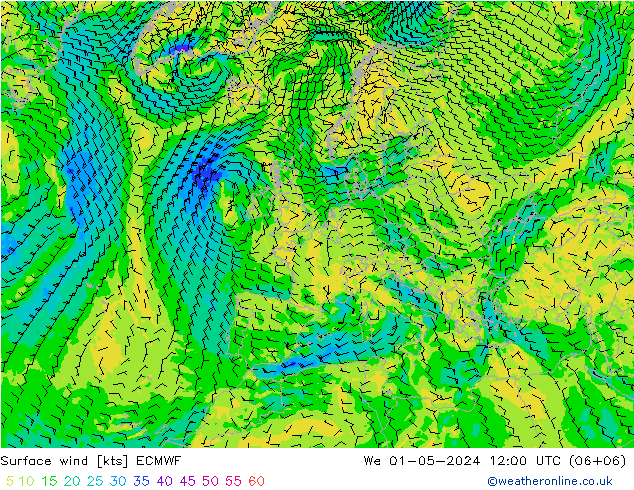 Vento 10 m ECMWF mer 01.05.2024 12 UTC