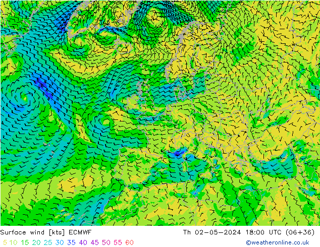 Surface wind ECMWF Čt 02.05.2024 18 UTC