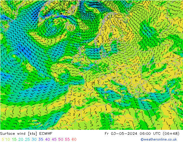 Prec 6h/Wind 10m/950 ECMWF пт 03.05.2024 06 UTC