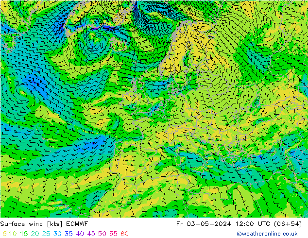 Viento 10 m ECMWF vie 03.05.2024 12 UTC