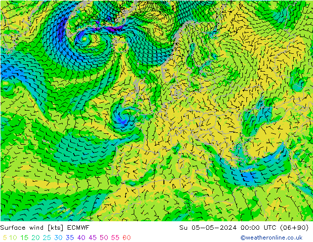 wiatr 10 m ECMWF nie. 05.05.2024 00 UTC