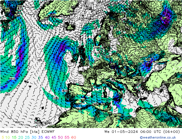 Wind 850 hPa ECMWF Mi 01.05.2024 06 UTC