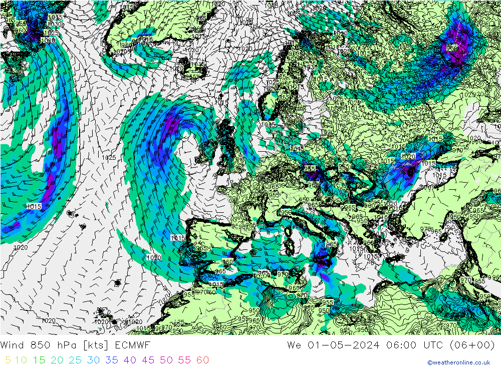 Wind 850 hPa ECMWF Mi 01.05.2024 06 UTC