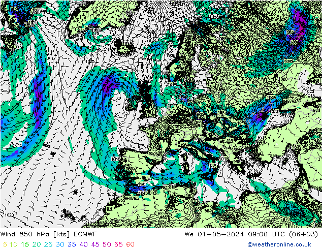 Wind 850 hPa ECMWF Mi 01.05.2024 09 UTC