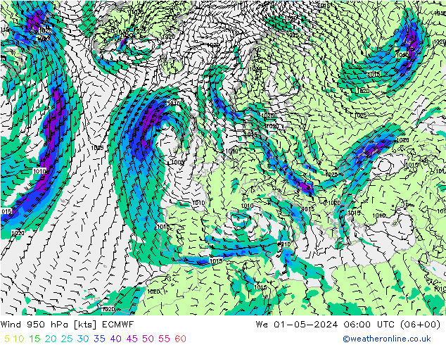 ветер 950 гПа ECMWF ср 01.05.2024 06 UTC