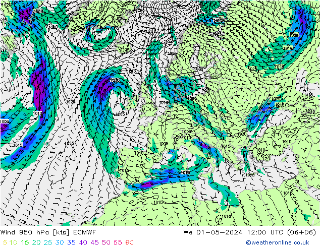 wiatr 950 hPa ECMWF śro. 01.05.2024 12 UTC