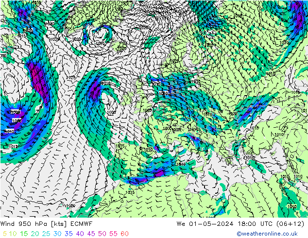 wiatr 950 hPa ECMWF śro. 01.05.2024 18 UTC