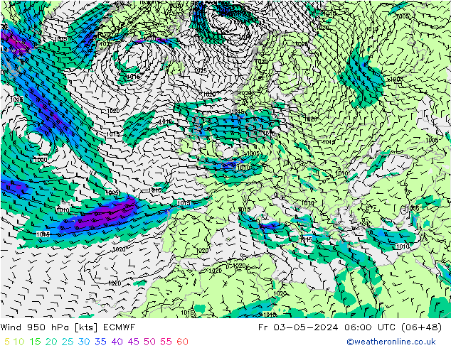 Prec 6h/Wind 10m/950 ECMWF пт 03.05.2024 06 UTC