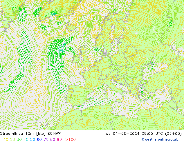 Streamlines 10m ECMWF We 01.05.2024 09 UTC