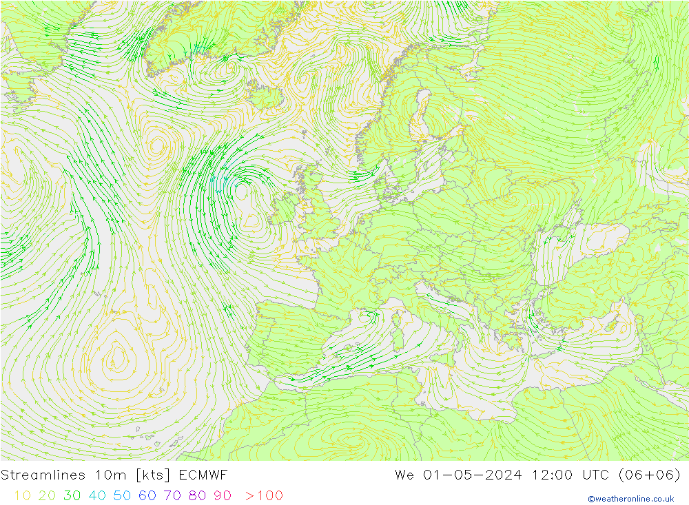 Streamlines 10m ECMWF St 01.05.2024 12 UTC