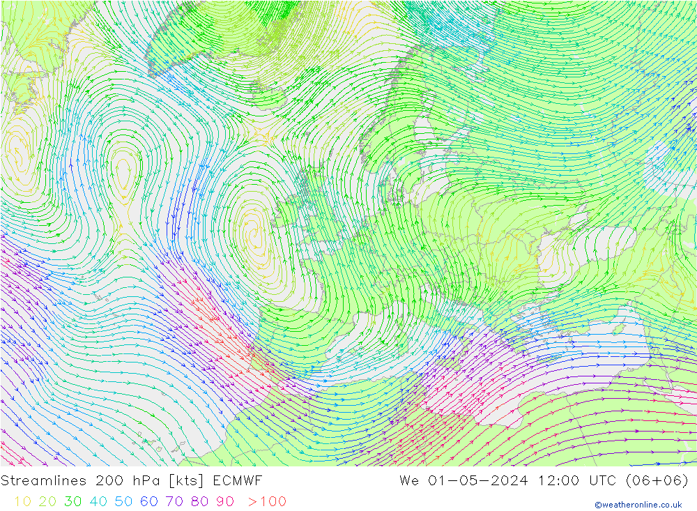 Stromlinien 200 hPa ECMWF Mi 01.05.2024 12 UTC