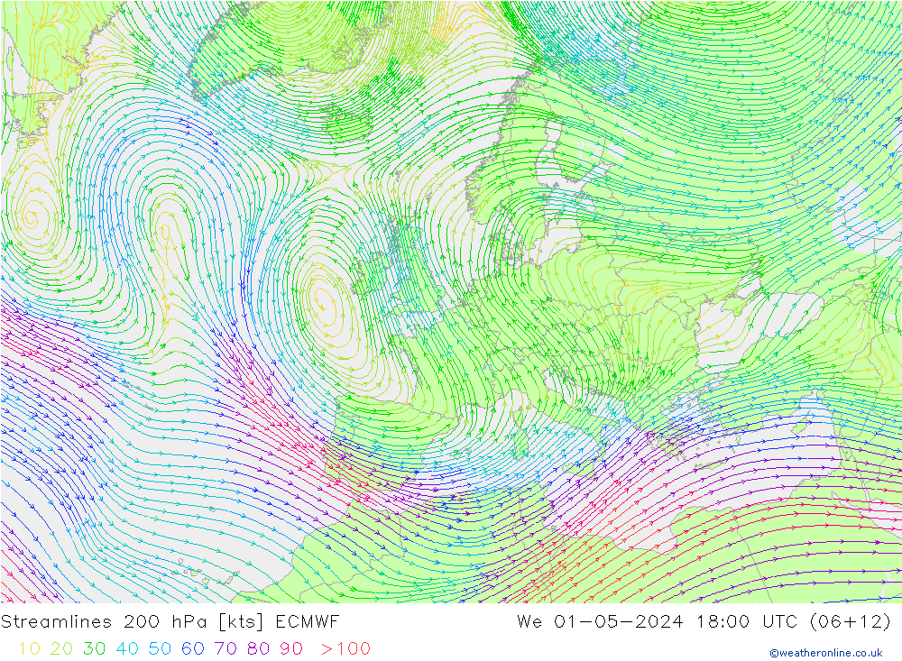 Streamlines 200 hPa ECMWF St 01.05.2024 18 UTC