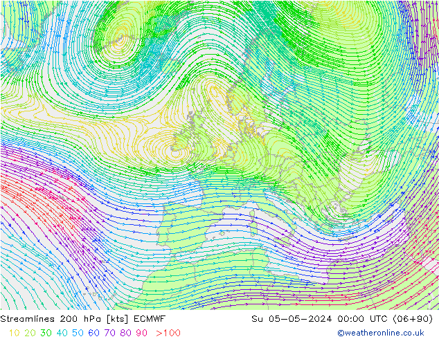 Streamlines 200 hPa ECMWF Su 05.05.2024 00 UTC