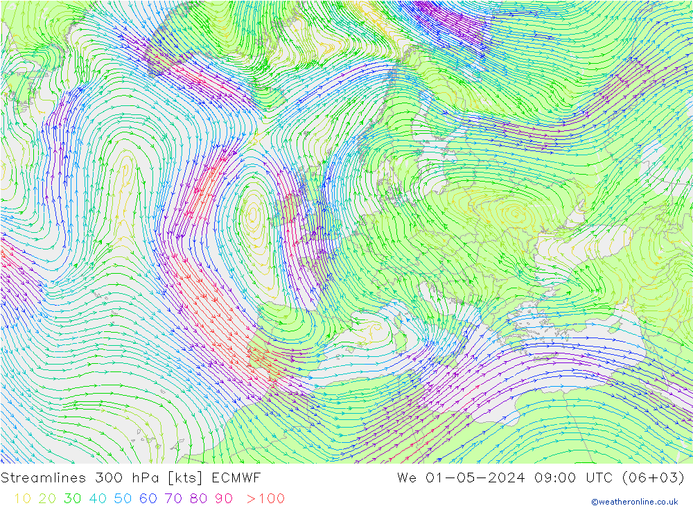 Stromlinien 300 hPa ECMWF Mi 01.05.2024 09 UTC