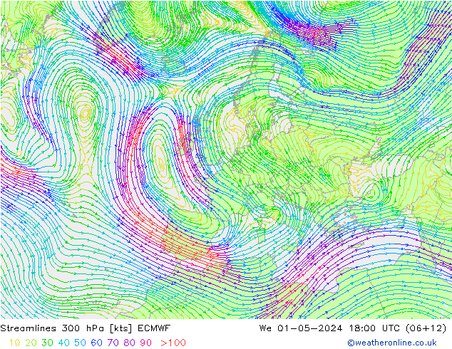 Stromlinien 300 hPa ECMWF Mi 01.05.2024 18 UTC