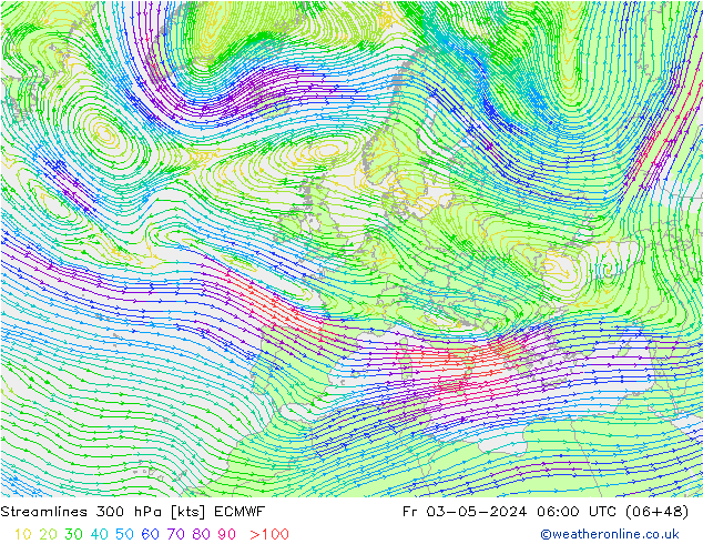 Linea di flusso 300 hPa ECMWF ven 03.05.2024 06 UTC