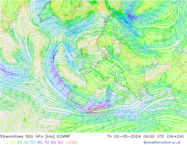 Stromlinien 500 hPa ECMWF Do 02.05.2024 06 UTC