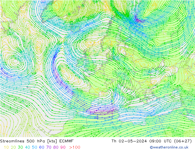 Linia prądu 500 hPa ECMWF czw. 02.05.2024 09 UTC