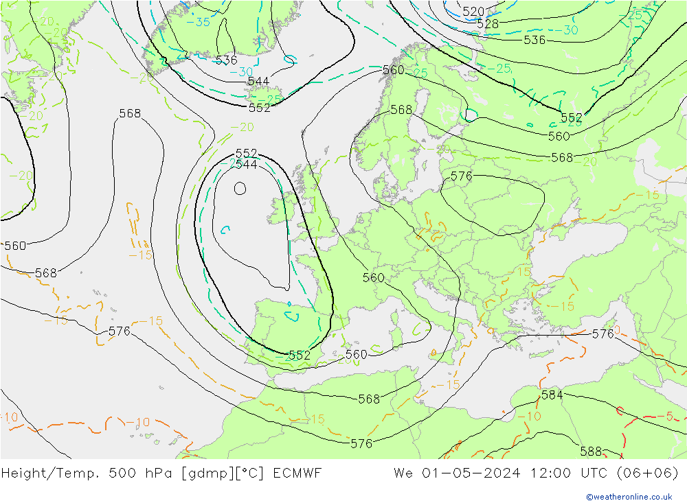 Z500/Rain (+SLP)/Z850 ECMWF Mi 01.05.2024 12 UTC