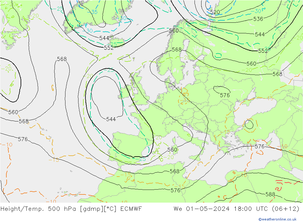 Z500/Rain (+SLP)/Z850 ECMWF Mi 01.05.2024 18 UTC