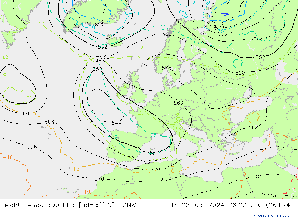 Height/Temp. 500 hPa ECMWF Do 02.05.2024 06 UTC