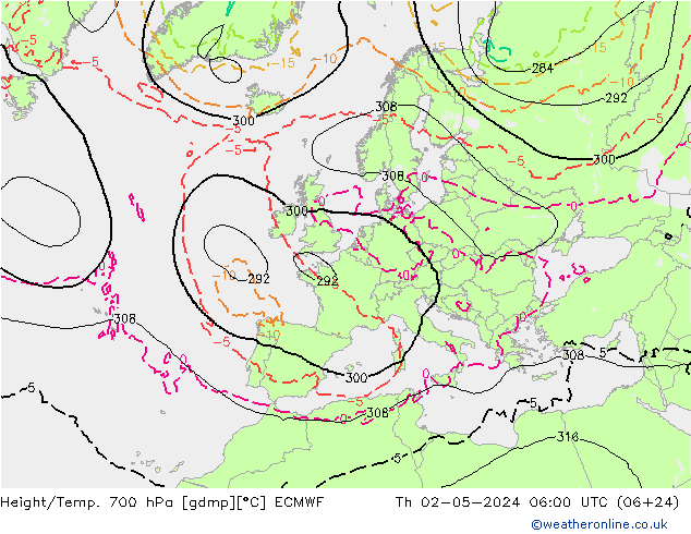 Height/Temp. 700 hPa ECMWF Qui 02.05.2024 06 UTC