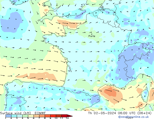 Bodenwind (bft) ECMWF Do 02.05.2024 06 UTC