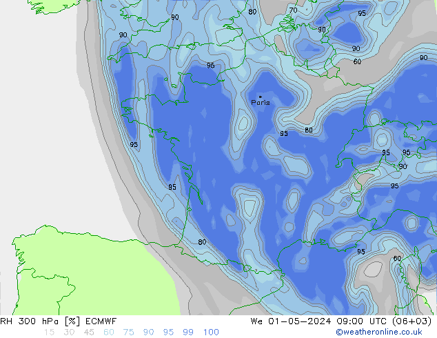 Humedad rel. 300hPa ECMWF mié 01.05.2024 09 UTC