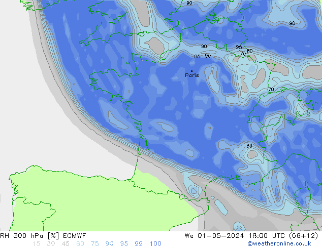 RH 300 hPa ECMWF Mi 01.05.2024 18 UTC