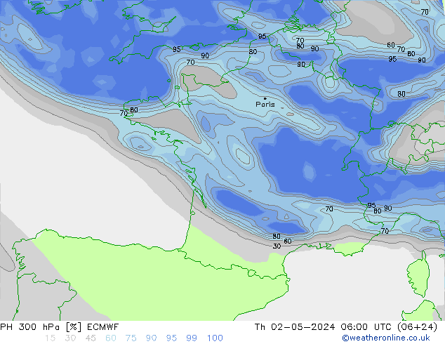 RH 300 hPa ECMWF gio 02.05.2024 06 UTC