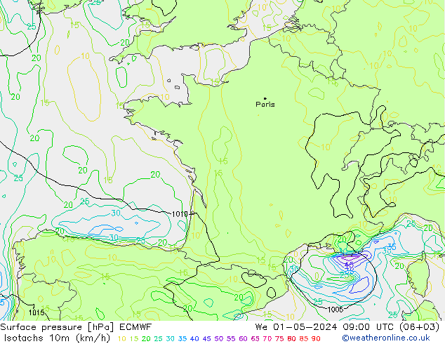 Isotaca (kph) ECMWF mié 01.05.2024 09 UTC