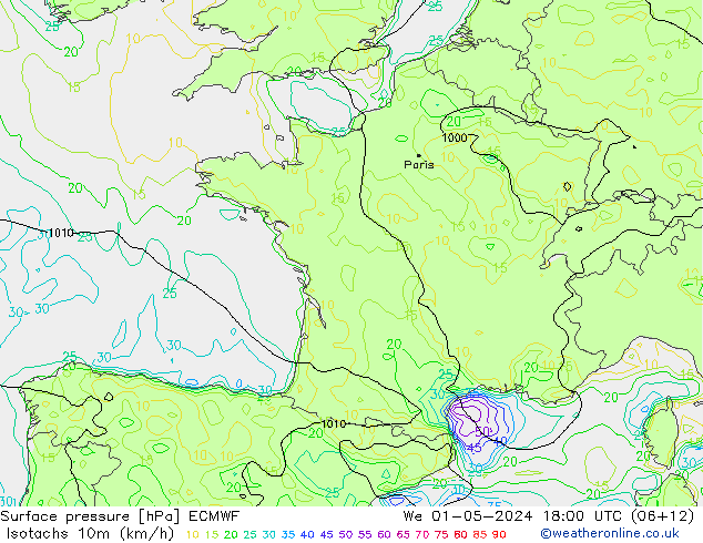 Isotachs (kph) ECMWF mer 01.05.2024 18 UTC