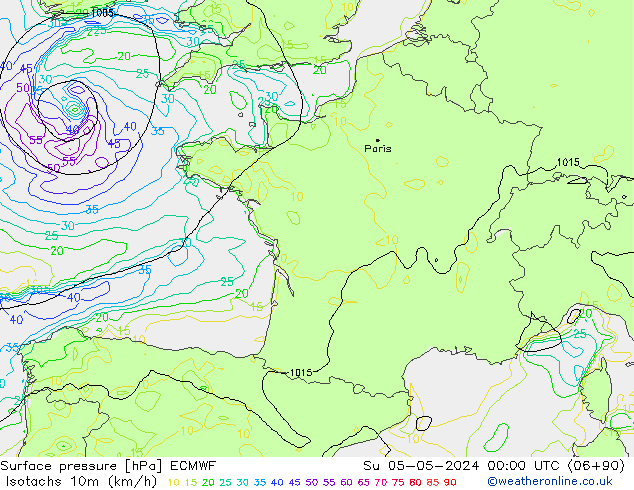 Isotachs (kph) ECMWF Su 05.05.2024 00 UTC