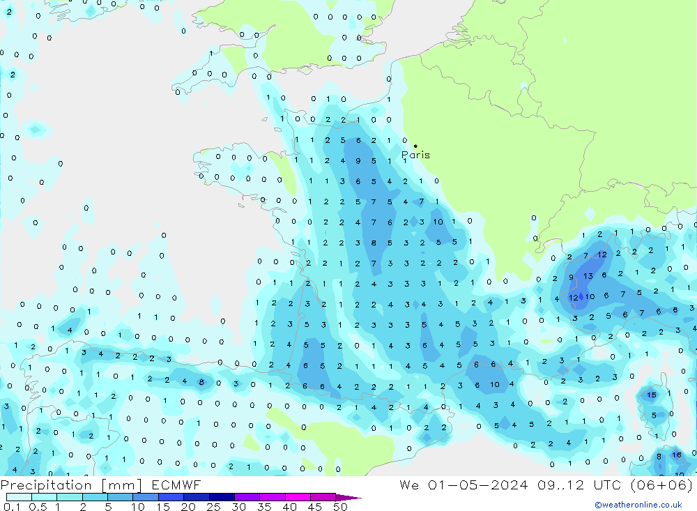 Precipitation ECMWF We 01.05.2024 12 UTC