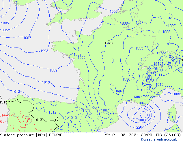 Bodendruck ECMWF Mi 01.05.2024 09 UTC