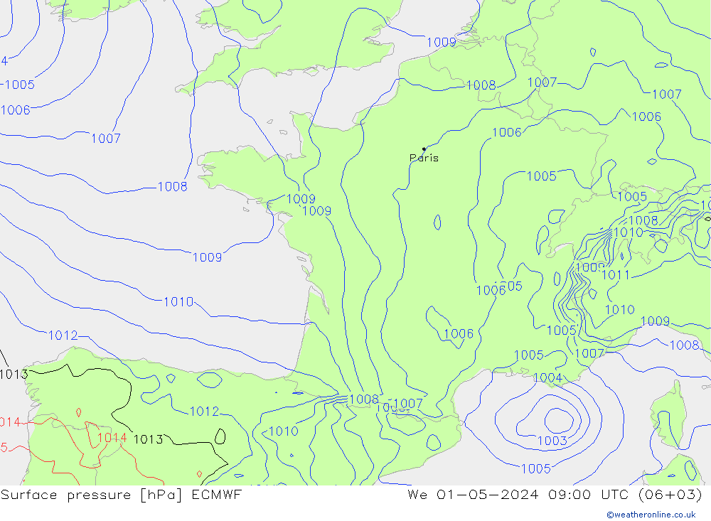 Bodendruck ECMWF Mi 01.05.2024 09 UTC