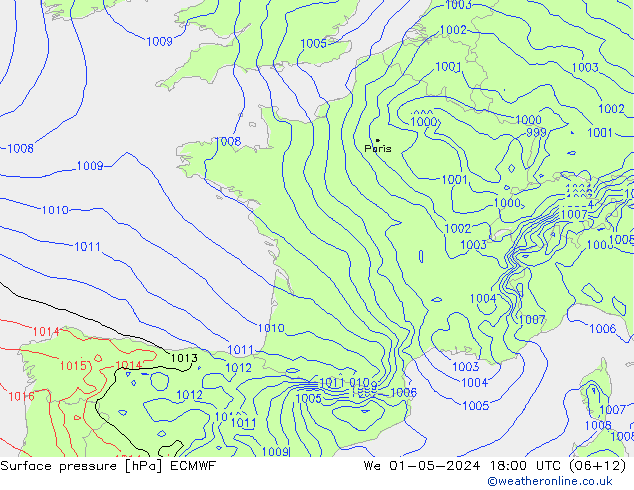 Surface pressure ECMWF We 01.05.2024 18 UTC