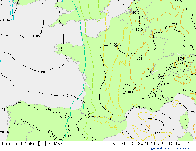 Theta-e 850hPa ECMWF Mi 01.05.2024 06 UTC