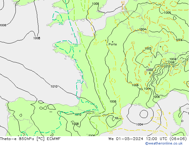 Theta-e 850hPa ECMWF Mi 01.05.2024 12 UTC