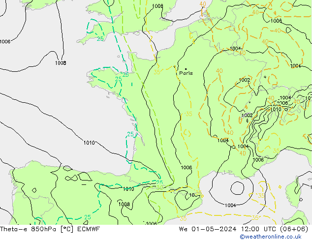 Theta-e 850hPa ECMWF We 01.05.2024 12 UTC