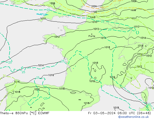 Theta-e 850hPa ECMWF ven 03.05.2024 06 UTC