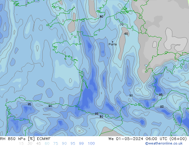 RH 850 hPa ECMWF We 01.05.2024 06 UTC